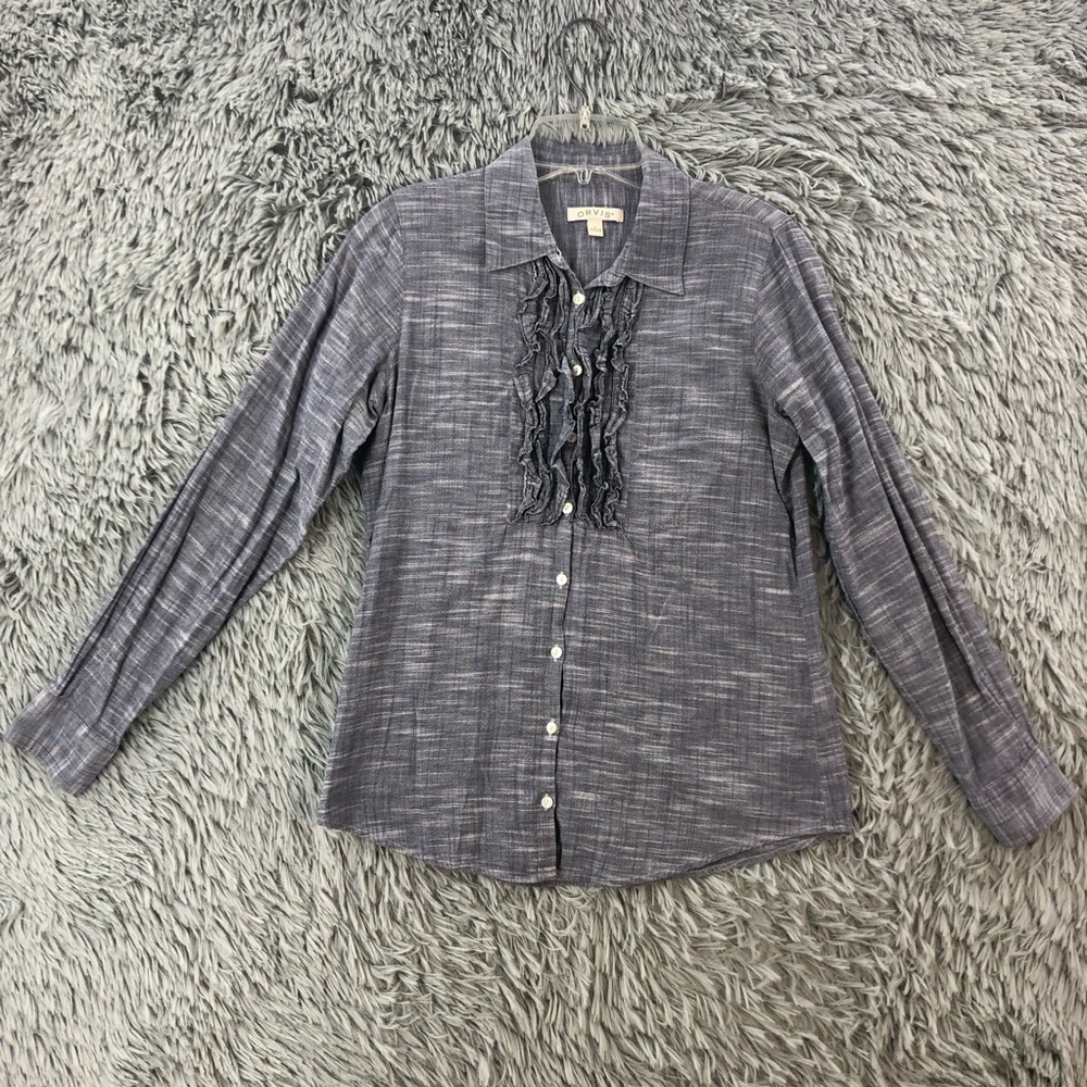 Orvis Blouse Womens Size 6 Button Front Ruffled Long Sleeve Cotton Gray
